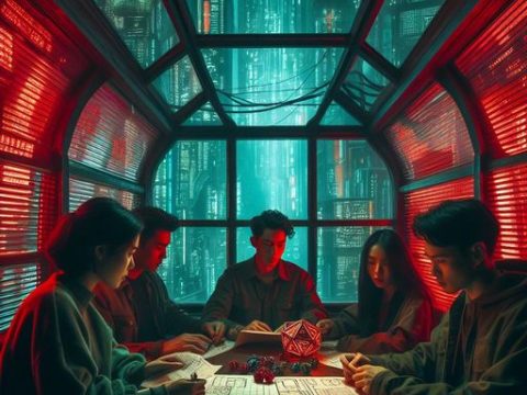 People playing D&D game in cyberpunk setting