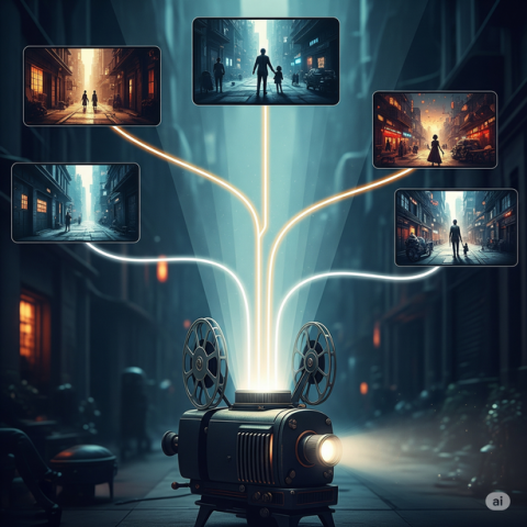 a movie projector with lights coming out of it